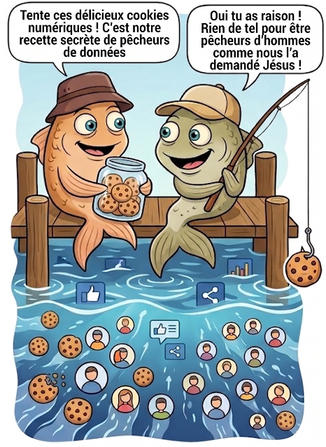 Deux poissons assis sur un ponton : l'un tend un bocal de cookies à l'autre, qui pêche avec un cookie en guise d'appât. Sous l'eau, des internautes se pressent autour des cookies et des icônes de réseaux sociaux.