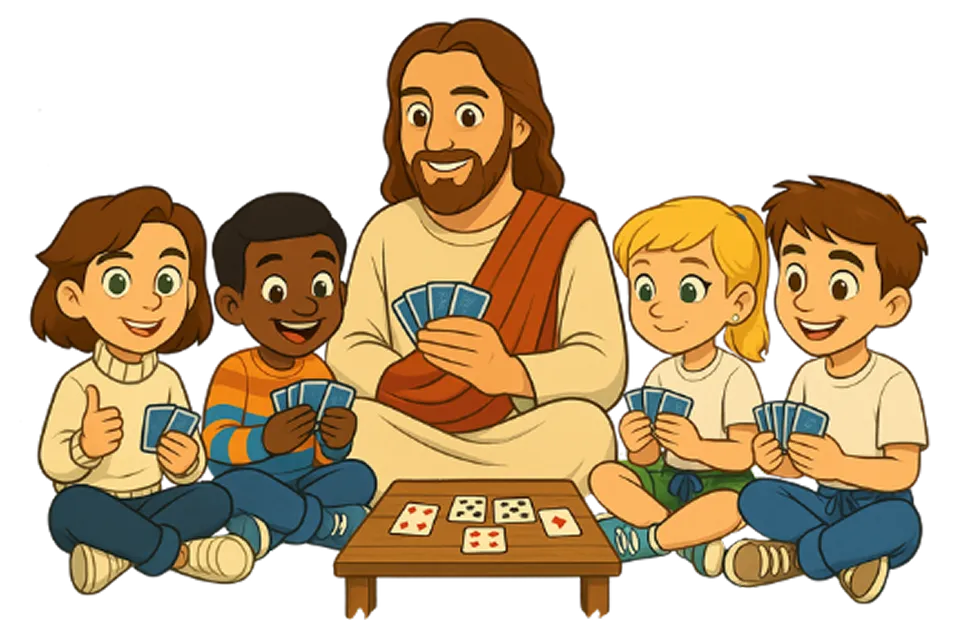 Jésus et enfants jouent aux cartes