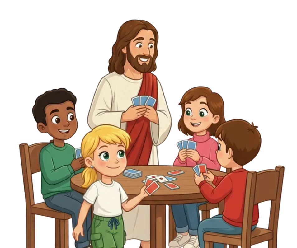 Jésus et enfants jouent aux cartes