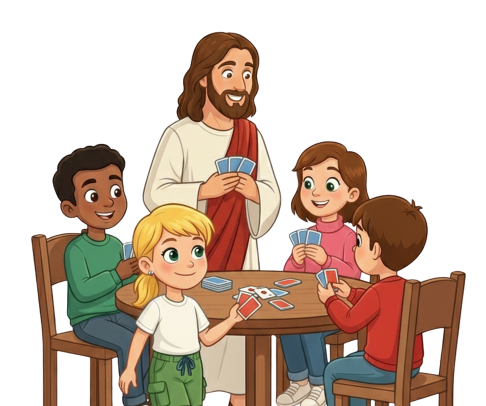 Jésus et enfants jouent aux cartes